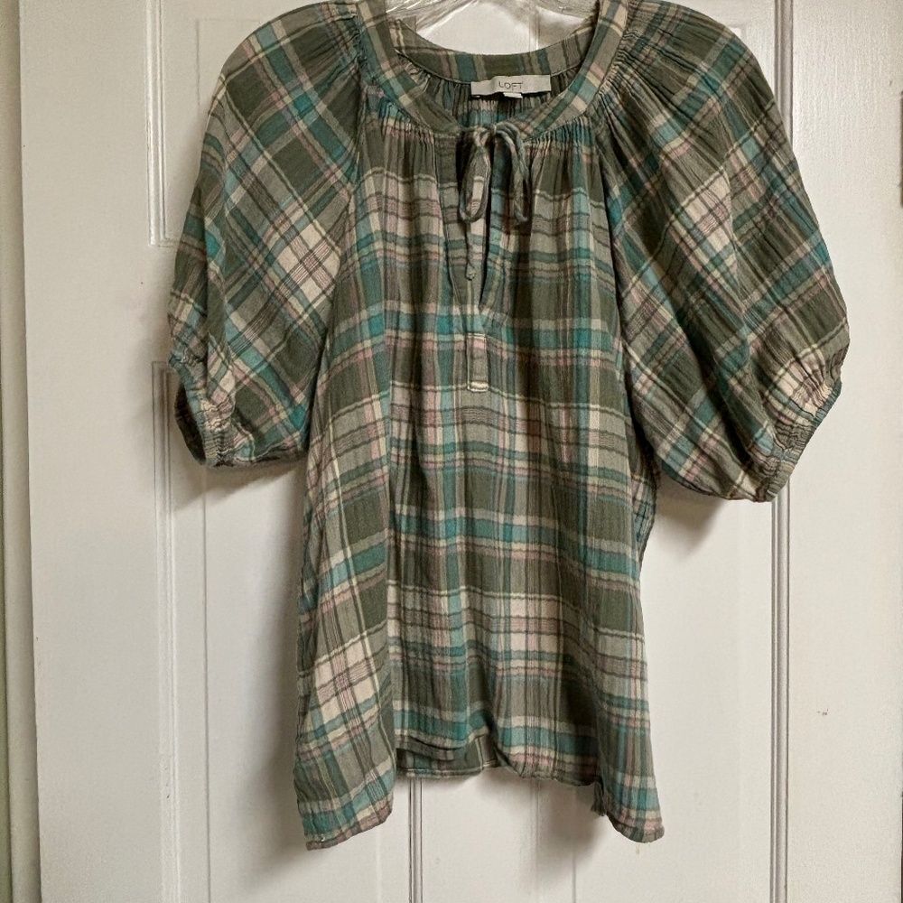 Plaid Tie Neck Puff Sleeve Top